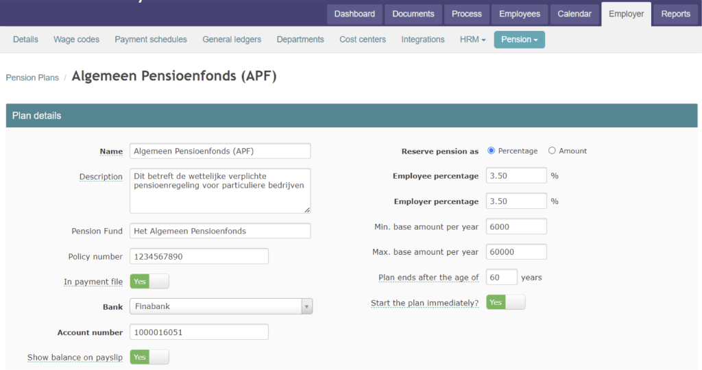 Settings for pension APF